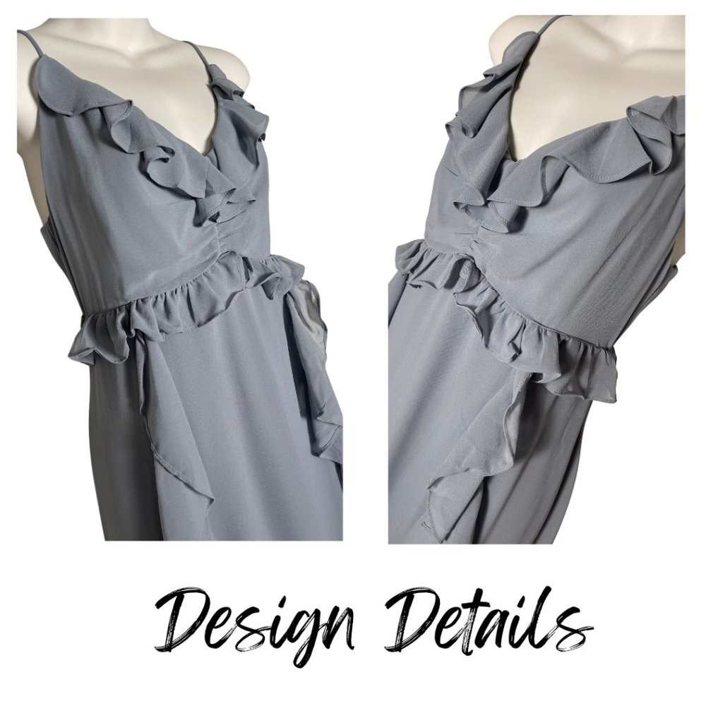 BNWOT ASTR Gown Prom Dusty Blue Spaghetti Strap V Neck Ruffles Formal Zipper M - Picture 3 of 6